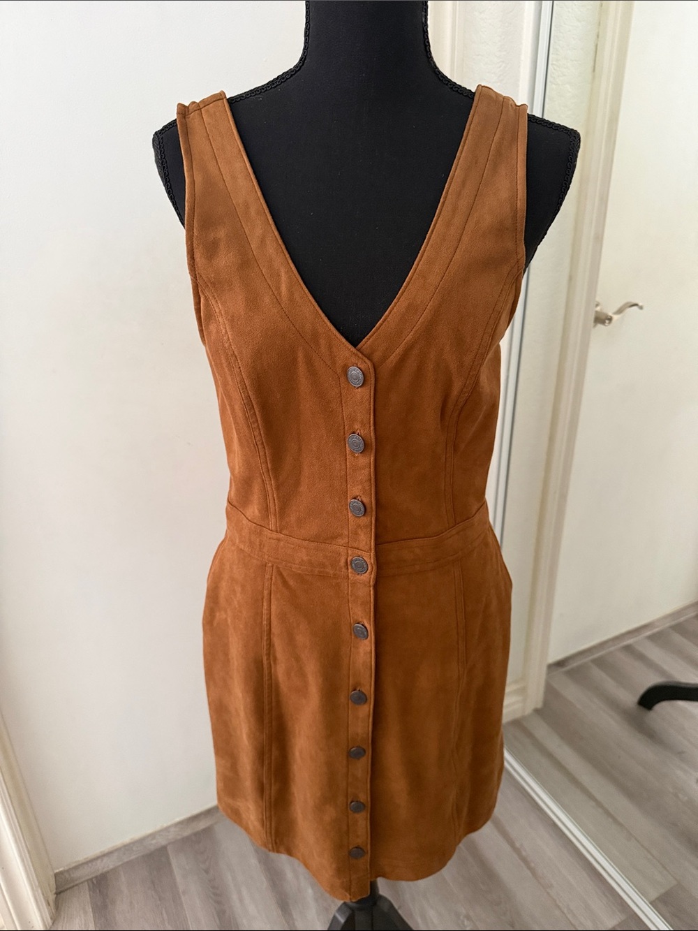 Brown Suede Button-Front V-Neck Dress